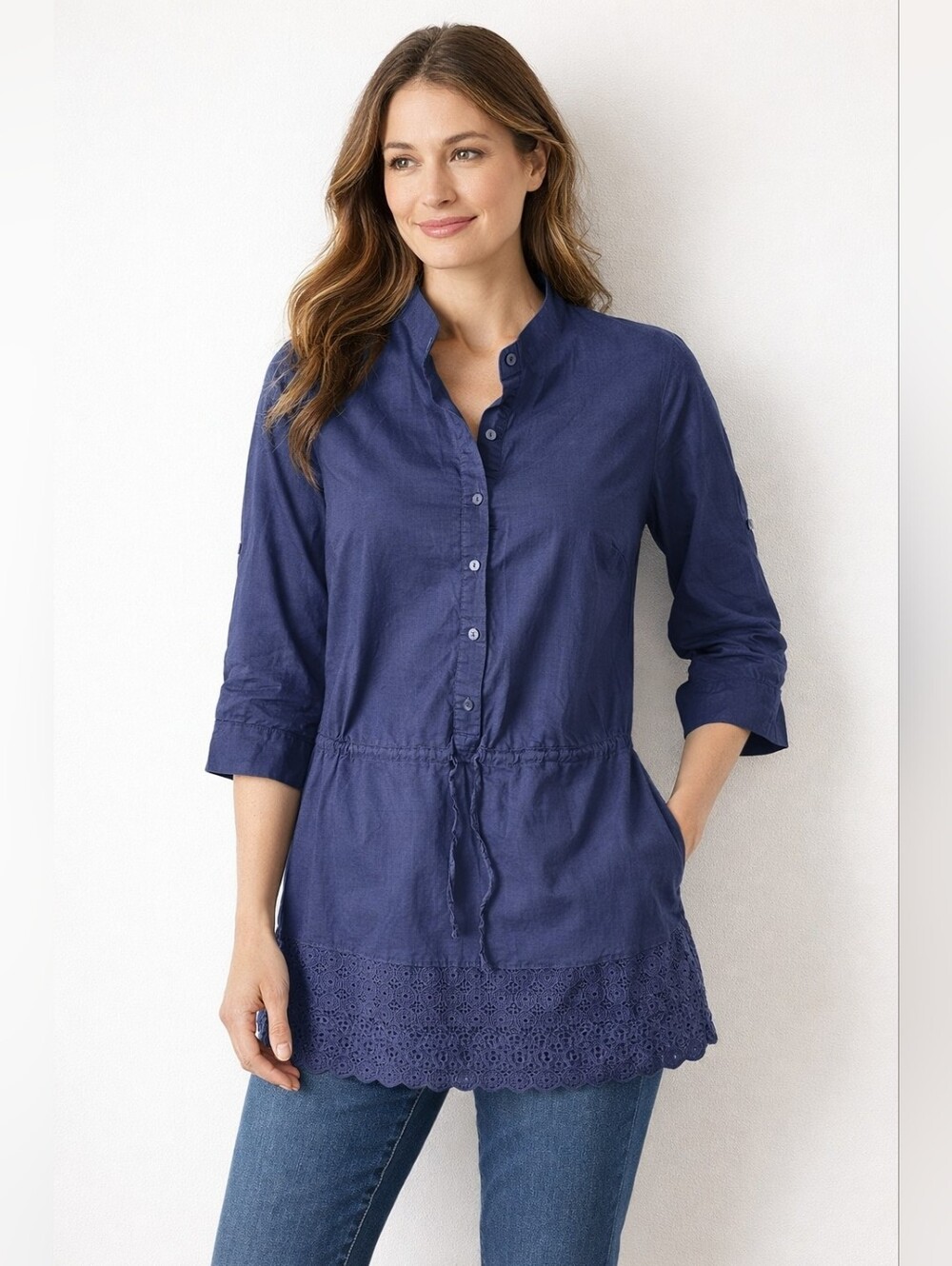 Calypso St.Barth Women's 100% Cotton Navy Button-Front Tunic Top Eyelet Hem S